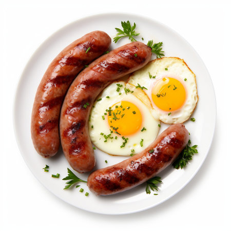 Grilled sausages with fried egg and parsley on plateの素材