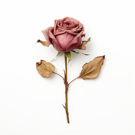 Dried rose flower isolated on white background. Flat lay, top view.の素材