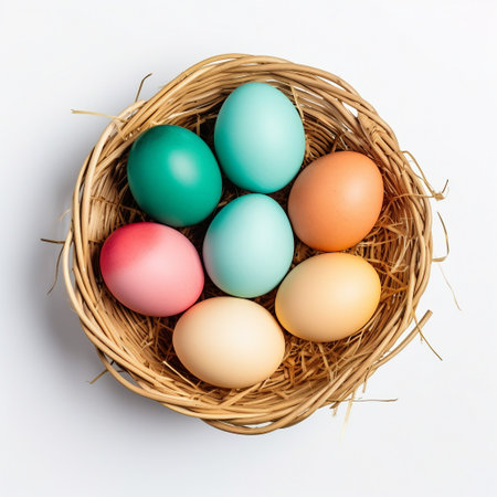 Easter eggs in a basket on a white background, top viewの素材