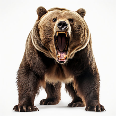 Big brown bear with open mouth isolated on white background. Studio shot.の素材