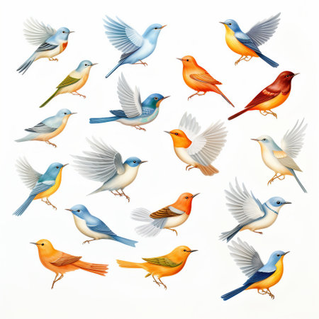 Set of colorful birds isolated on a white background. Vector illustration.の素材