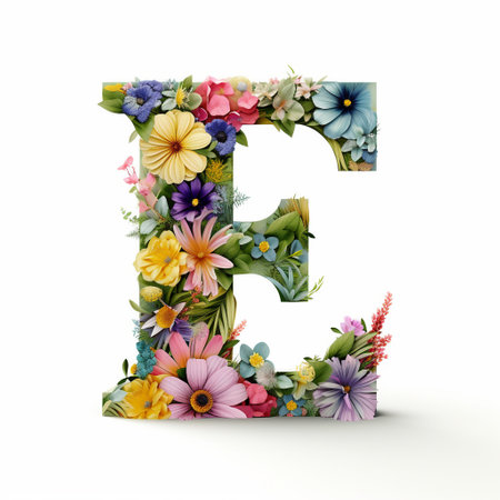 Letter E made from flowers isolated on white background. 3D illustration.の素材