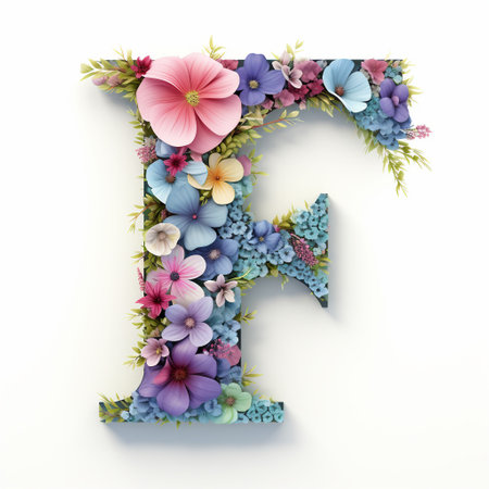 Flower font. Letter F. 3D illustration. Floral alphabet.の素材