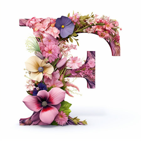 Letter F made of flowers isolated on white background. 3D illustration.の素材