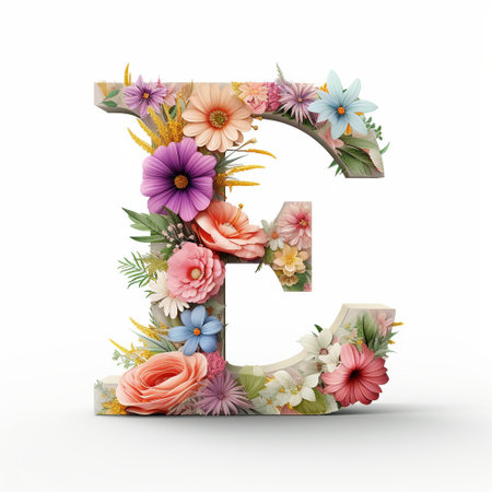 Letter E decorated with flowers and leaves, 3D rendering isolated on white backgroundの素材