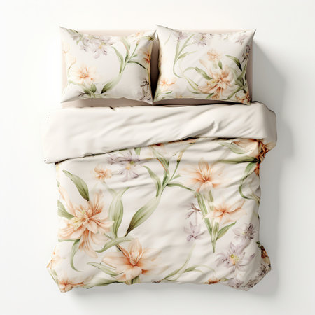 Bed with floral pillows isolated on white background. 3d renderの素材