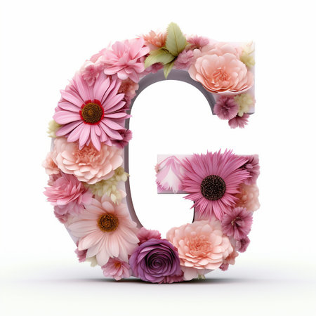 Letter G made of flowers isolated on white background. 3D illustration.の素材