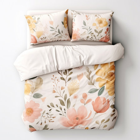 Pillow with floral pattern on the bed. 3d renderingの素材