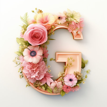 Letter G decorated with flowers and leaves. 3D render. Floral font.の素材