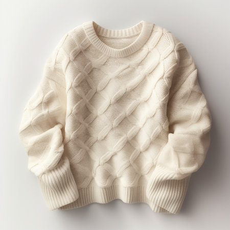 White knitted sweater isolated on white background. Flat lay, top viewの素材