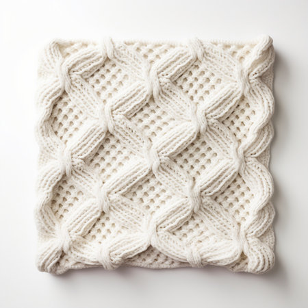Handmade knitted blanket on a white background. Top view.の素材