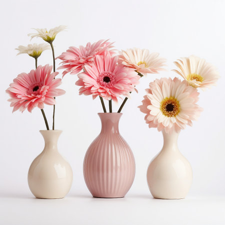 Pink gerbera flowers in vases on a white background.の素材