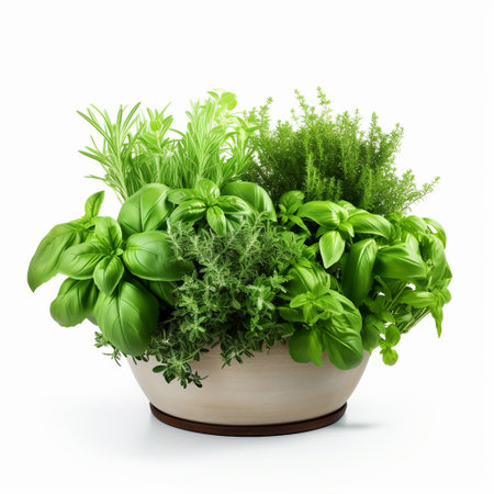 Fresh herbs in a bowl isolated on white background. Basil, rosemary, thyme, oregano, parsley, basilの素材