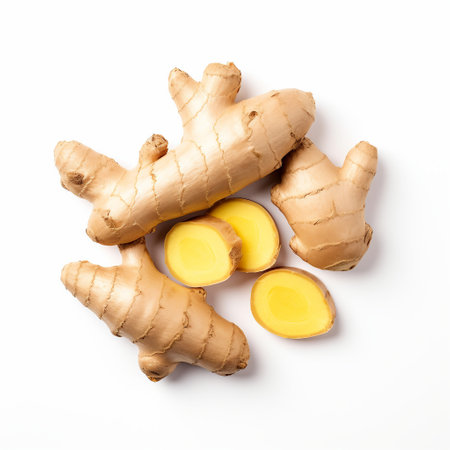 Ginger root and slices isolated on white background. Top view.の素材