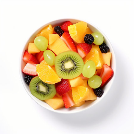 Bowl of fruit salad isolated on white background. Top view.の素材