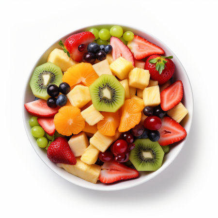 Bowl of fresh fruit salad isolated on white background, top viewの素材