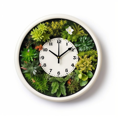 Time concept. Clock face made of green plants on white background.の素材