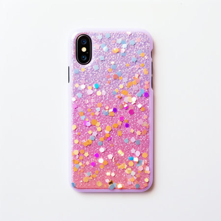 Pink smartphone with colorful confetti isolated on white background. Top view.の素材