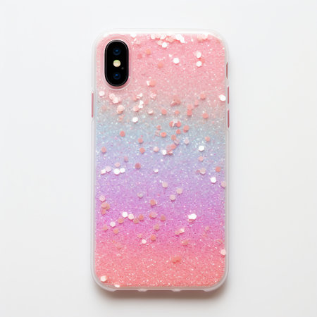 Mobile phone with pink and blue glitter on the screen isolated on white backgroundの素材