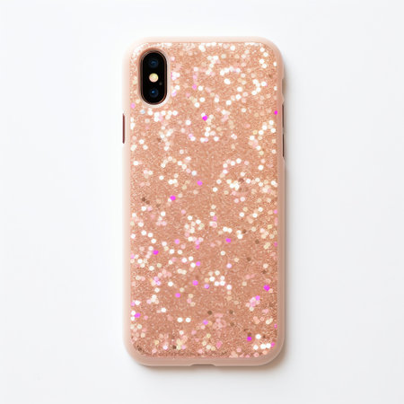 Mobile phone with pink glitter on the screen isolated on white background.の素材