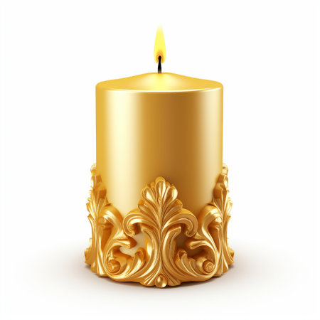 Gold candle isolated on a white background. 3d render image.の素材