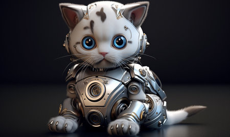 Robot with a white cat on a dark background. 3d renderingの素材