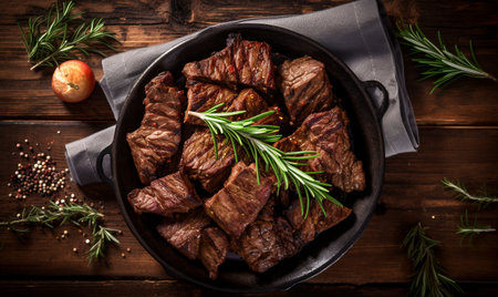 Grilled beef steaks with rosemary and spices on wooden backgroundの素材