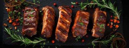 Grilled pork ribs with herbs and spices on black background, top viewの素材