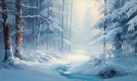 Winter forest with river and trees covered with snow. 3d renderの素材