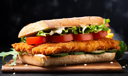Fish and chips sandwich with lettuce, tomato, cucumber and mayonnaiseの素材