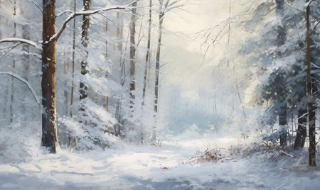 Winter landscape with snow covered trees in the forest. Beautiful winter backgroundの素材