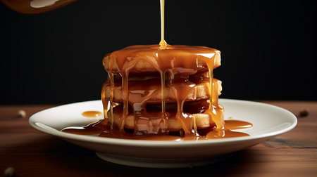 Pouring caramel syrup on a stack of pancakes, dark background.の素材