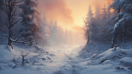 Winter forest with snow covered trees at sunset. Beautiful winter landscape.の素材