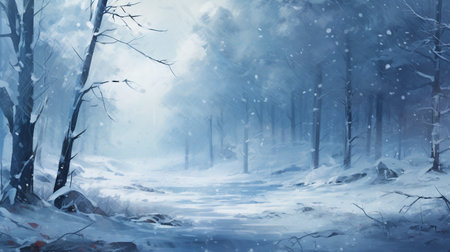 Winter forest with snow and fog. Digital painting. 3D illustration.の素材