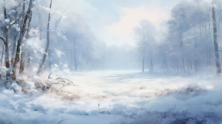 Winter landscape with snow covered trees in a foggy forest. Digital painting.の素材