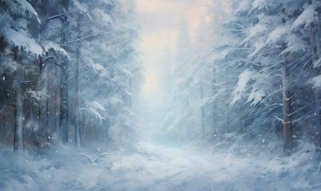 Winter forest with snow covered trees. 3d illustration. Christmas background.の素材