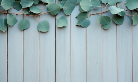 Eucalyptus leaves on wooden background with copy space.の素材