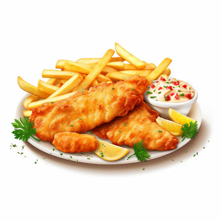 Fish and chips with tartar sauce isolated on white background. Vector illustration.の素材