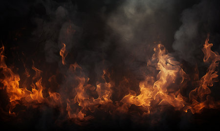 Fire flames isolated on black background with copy space. 3d illustrationの素材