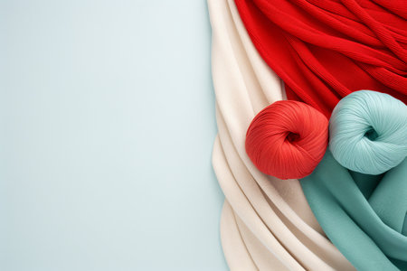 Colorful skeins of yarn on light blue background, top viewの素材