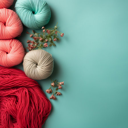 Multicolored skeins of yarn and flowers on turquoise backgroundの素材