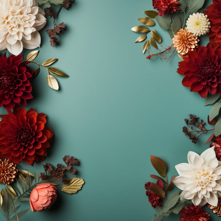 Creative layout made of red and white dahlia flowers on blue background with copy space. Flat lay.の素材