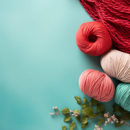 Flat lay of colorful skeins of yarn and flowers on blue backgroundの素材