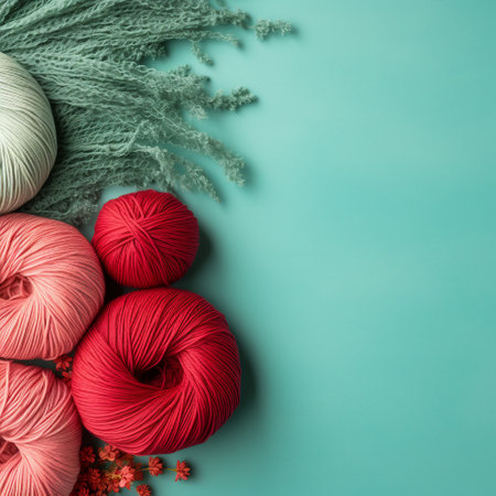 Colorful knitting yarn balls and dried flowers on turquoise backgroundの素材