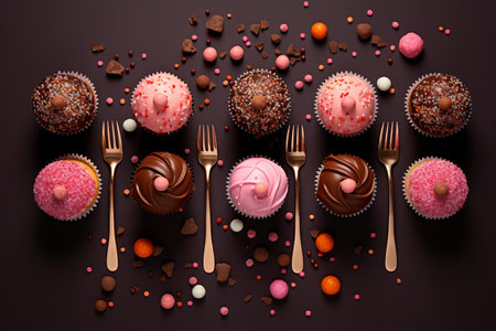 Chocolate cupcakes and candies on a dark background, top viewの素材