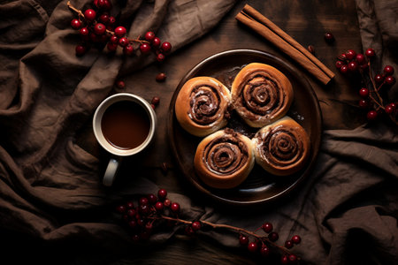 Cinnamon rolls with chocolate glaze and cup of coffee on wooden backgroundの素材