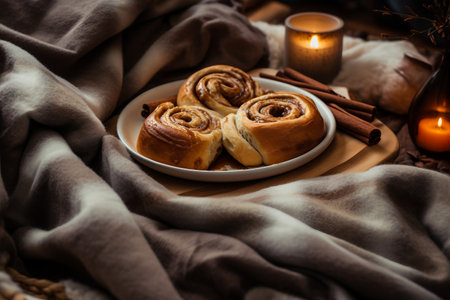 Cinnamon rolls with cinnamon on a plate and burning candles. Selective focus.の素材