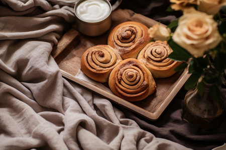 Freshly baked cinnamon rolls on a wooden tray with a cup of sour cream and rosesの素材