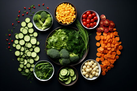 Composition with fresh vegetables on black background, top view. Healthy foodの素材