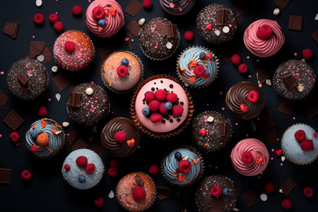 Cupcakes with berries and chocolate on black background, top viewの素材